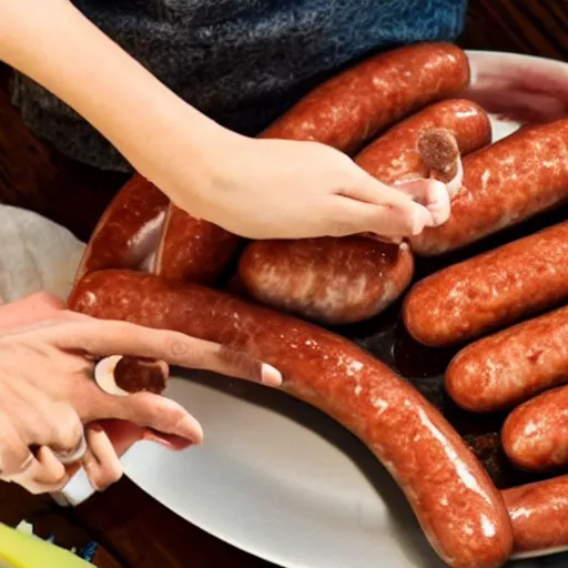 Image similar to the woman has thick sausages instead of fingers