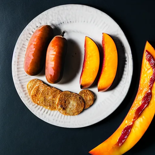 Image similar to a plate of breakfast foods containing sliced peaches and sausage linked, food photography, hyperdetailed