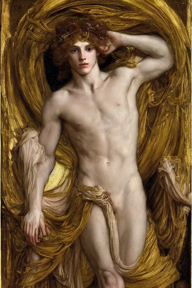 Prompt: beautiful blond androgynous prince Lucius depicted as Apollo the Sun God by john william waterhouse, preraphaelite style, long fluffy blond curly hair, pale porcelain white skin, detailed, defined, chiaroscuro