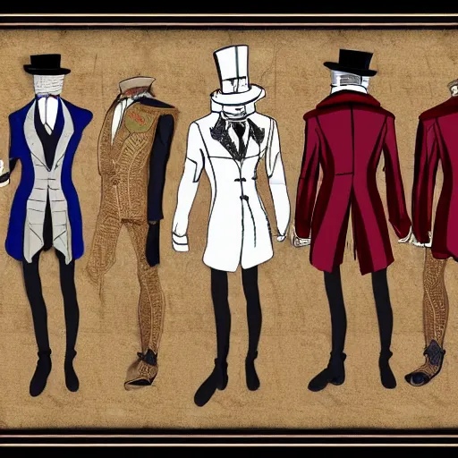 Prompt: clothing design concepts sheet, top hat jesters crown,