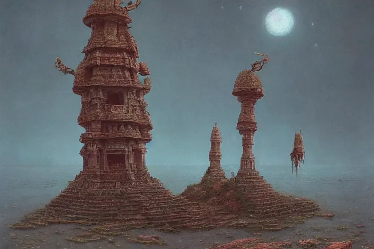 Prompt: photography of an archipelago of never seen before ancient indian temple. ofinspiring science fiction, intricate, elegant, uplifting, inspirational, highly detailed by beksinski and simon stalenhag