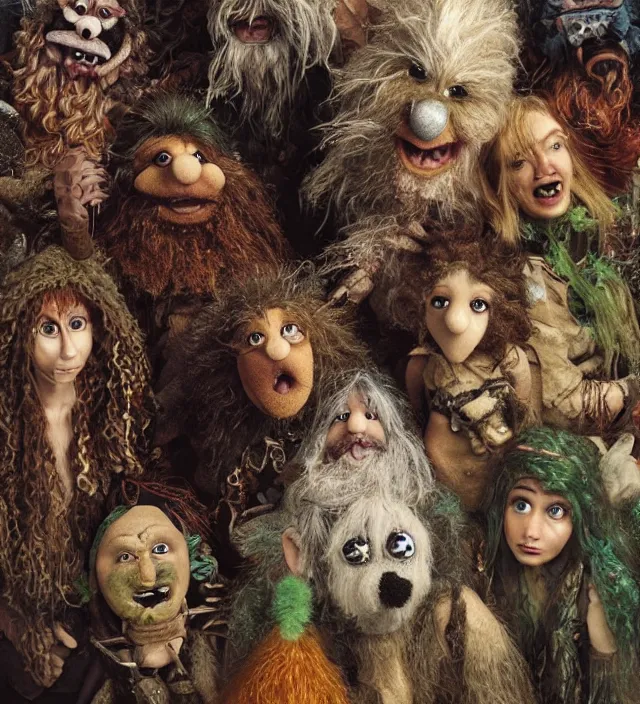 Prompt: hyper realistic portrait of postapocalyptic hairy fluffy muppet show elf goblin wizard glass beads clay amulets cinematic symmetric dark _ crystal, brian froud, alan lee, jean baptiste monge, scott radke