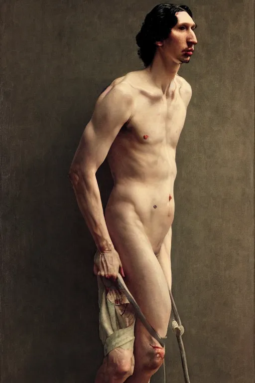 Image similar to body portrait of Adam Driver, colour painting by norman rockwell, guidi prime background by carl spitzweg