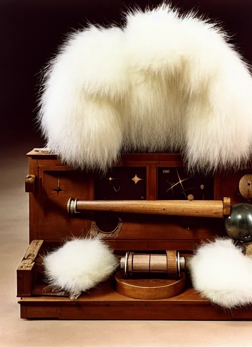 Prompt: realistic photo of a a medieval wooden astronomic archeology scientific equipment made of brushwood, with white fluffy fur, by dieter rams 1 9 9 0, life magazine reportage photo, natural colors