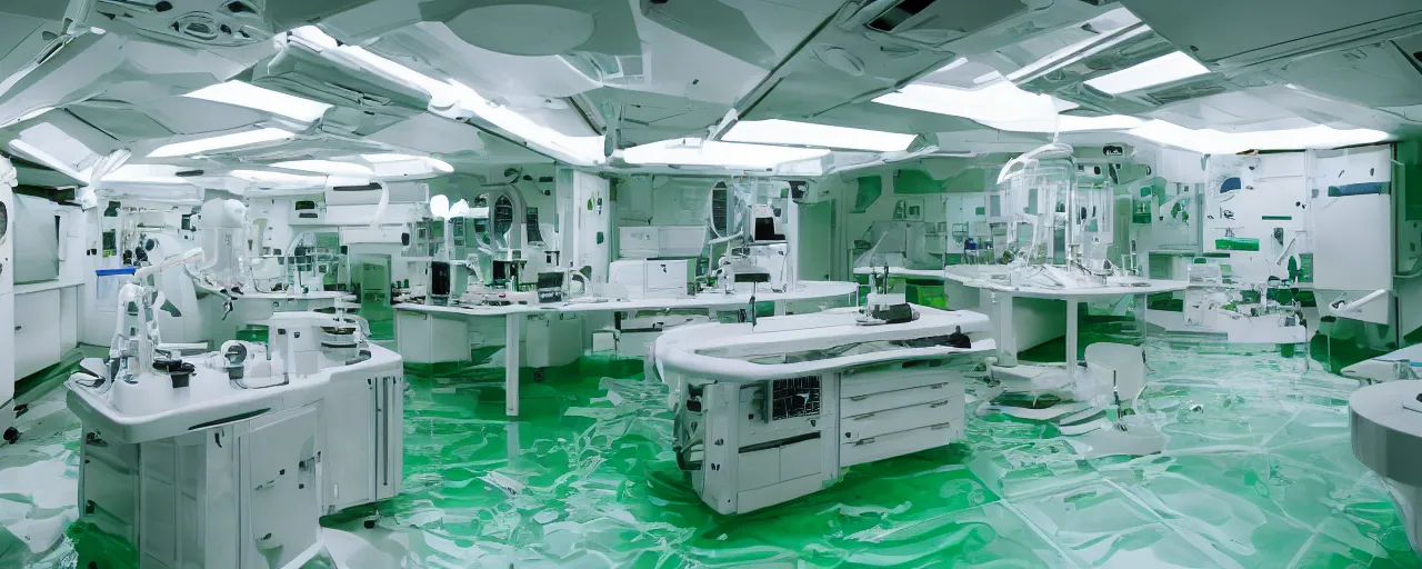 Prompt: Film still of a brightly lit white science lab on a space ship, white plastic, neutral lighting, water dripping, puddles, wet floor, green vines, tropical, Cinestill colour cinematography, anamorphic