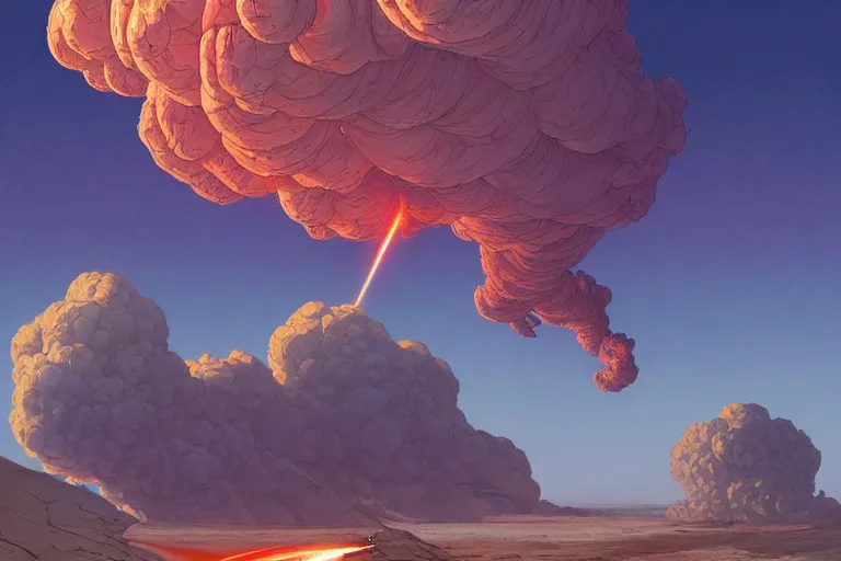 Prompt: a detailed painting of a martian hot - rod rocket blast - off billowing clouds of smoke, by moebius and geof darrow, wlop, tooth wu cinematic, concept art, detailed, intricate lines, trending on artstation