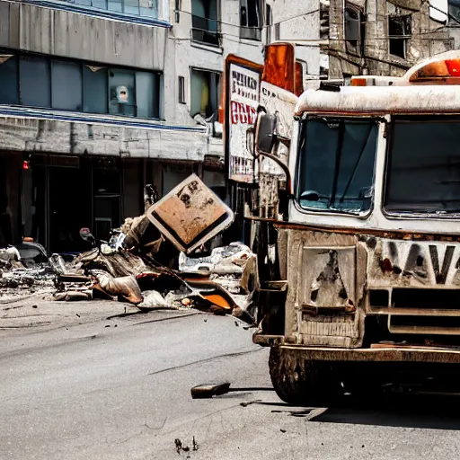 Prompt: box-truck with riveted armor plates in post apocalyptic city downtown, little debris on the road, one bent sign post with rusty danger sign on the side of the road