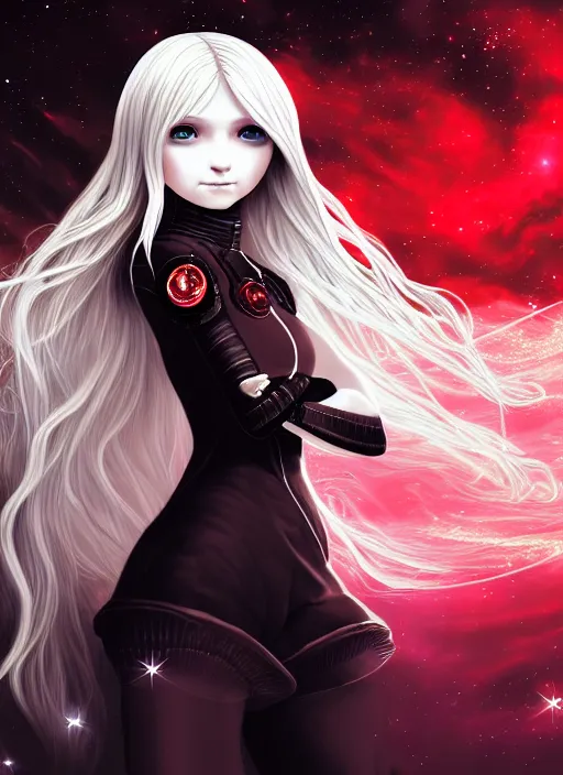 Prompt: highly detailed portrait of a hopeful pretty astronaut lady with a wavy blonde hair, by Anne Stokes, 4k resolution, nier:automata inspired, bravely default inspired, vibrant but dreary but upflifting red, black and white color scheme!!! ((Space nebula background))