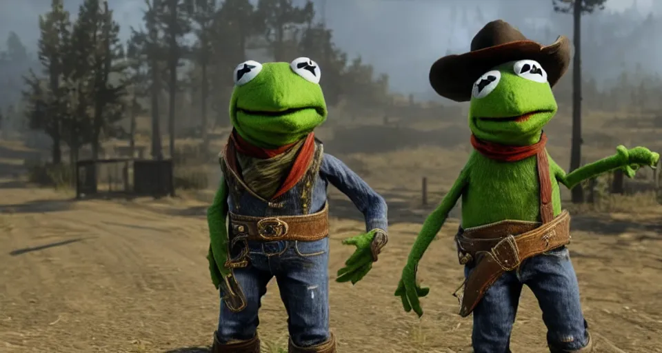 Image similar to Screenshot of Kermit the Frog as a 3d cowboy in full cowboy attire in the videogame 'Red Dead Redemption 2'. Sharpened. 1080p. High-res. Ultra graphical settings.