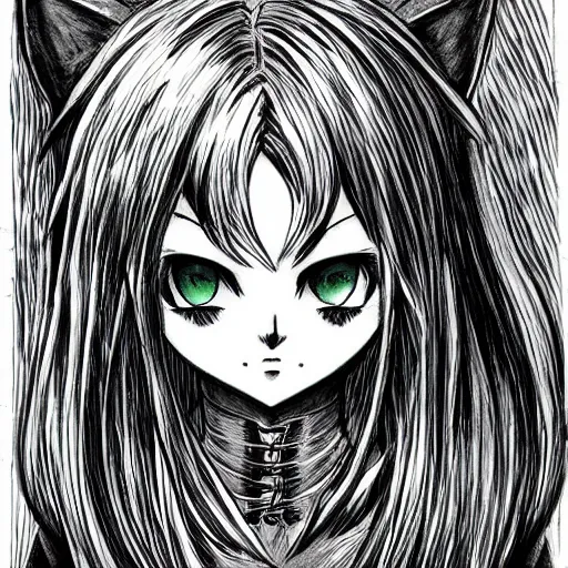 Prompt: a catgirl drawn in the style of Kentaro Miura, dark manga, fantasy, impressive linework,