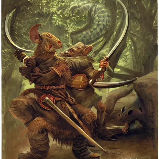 Image similar to martin the mouse warrior battling Asmodeus the serpent by James Gurney. Redwall.