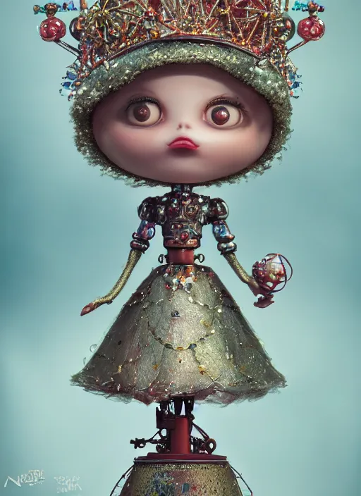 Image similar to closeup profile portrait of tin toy fairytale princess wearing a crown robot trap, depth of field, zeiss lens, detailed, symmetrical, centered, fashion photoshoot, by nicoletta ceccoli, mark ryden, lostfish, breathtaking, 8 k resolution, extremely detailed, beautiful, establishing shot, artistic, hyperrealistic, octane render