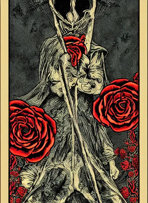 Prompt: tarot card :: horror :: vintage :: blood and roses :: by Yurtsev and Darkchylde