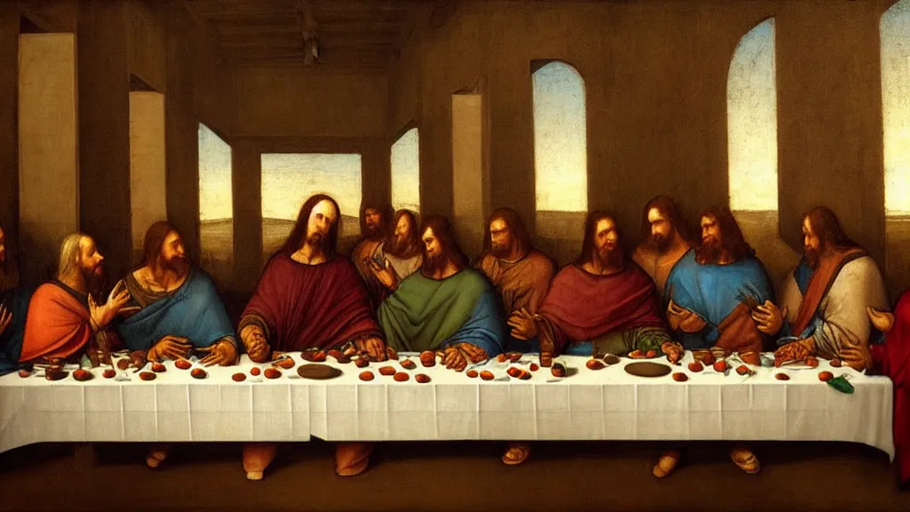 Image similar to mandalorian at the last supper, by leonardo davinci, concept art, oil painting, art station