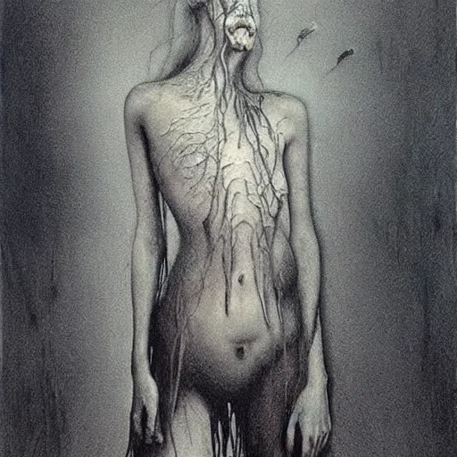 Prompt: grunge drawing of a melting girl by - Zdzisław Beksiński, detailed, elegant, intricate, horror themed