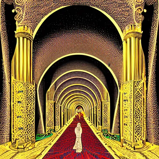 Image similar to vivid illustration of a person choosing between tunnels inside a highly intricate torus with detailed golden ornamentation and golden light, choosing between pathways