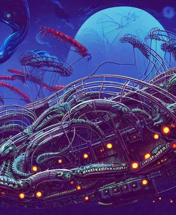 Image similar to a roller coaster made out of alien creatures, biological forms, internal organs, in the style of an asymmetrical spaceship, surrounded by fireflies, apocalyptic environment, by dan mumford, yusuke murata, makoto shinkai, ross tran, cinematic, unreal engine, cel shaded, featured on artstation, pixiv