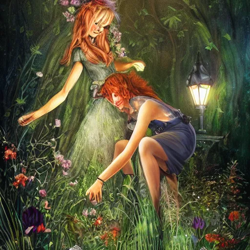 Image similar to blonde butch tomboy woman engineer standing beside taller dark fae feathered modest gothic woman, in a beautiful lush garden at night, falling in love, highly detailed, romantic, trending on art station, illustration, oil painting