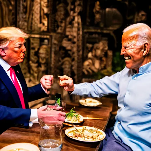 Image similar to Trump and Biden having dinner at a fancy Balinese restaurant, award winning photography, 85mm, perfect faces