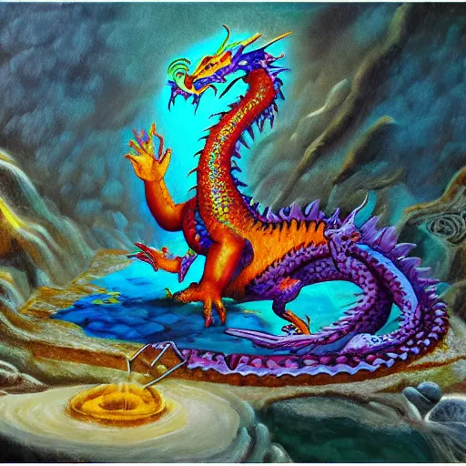 Image similar to highly detailed oil painting of a colorful hotspring within dark cavern, dragon sitting in the middle