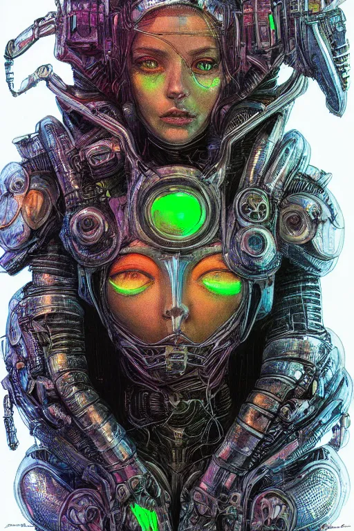 Prompt: portrait of a girl with a biomechanic armor and neon light by Ian Miller, dramatic lighting, highly detailed, trending on artstation