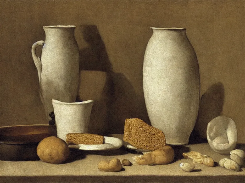 Prompt: Still life with moldy bread, fungus, white vase, ceramic pot. Painting by Zurbaran, Hammershoi, Morandi