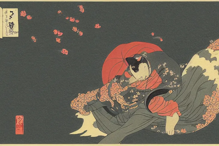 Image similar to cat in rain attacking Tokyo, ukiyo-e print, masterpiece, masterwork, artstation