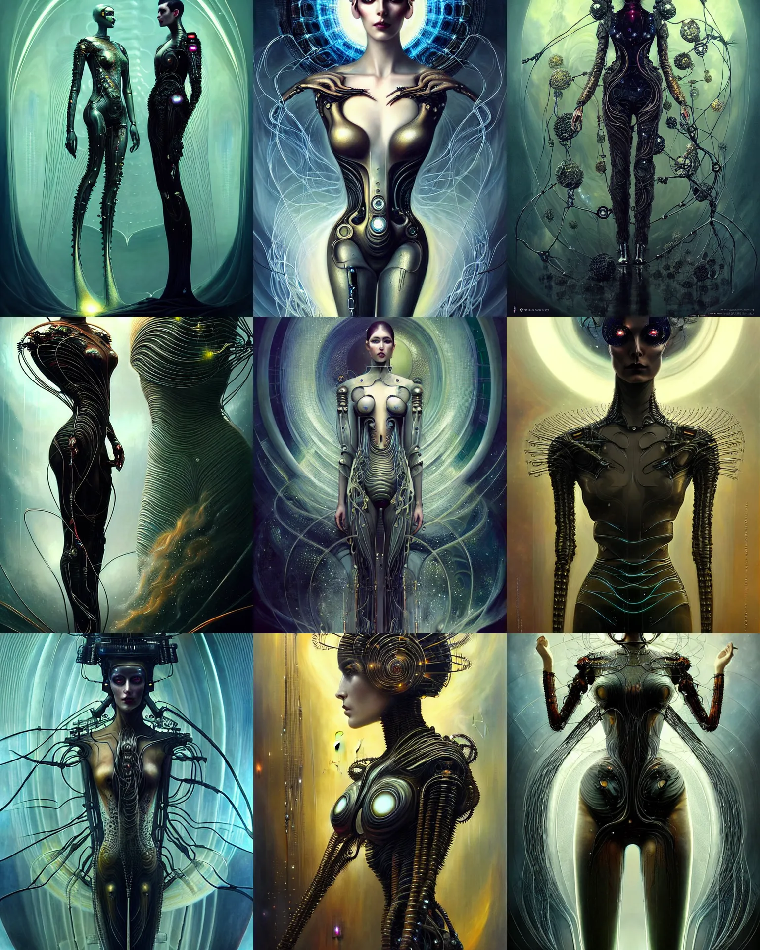 Prompt: karol bak and tom bagshaw and lecouffe - deharme full body character portrait of the borg queen of sentient parasitic flowing ai, floating in a powerful zen state, supermodel, beautiful and ominous, wearing combination of mecha and bodysuit made of wires and fractal ceramic, circuitry corrupting nature in the background, artstation scifi character render