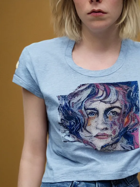 Image similar to hyperdetailed close shot of daisy edgar - jones, winds of winter, with ripped crop t - shirt with a logo, fine - face, pretty face