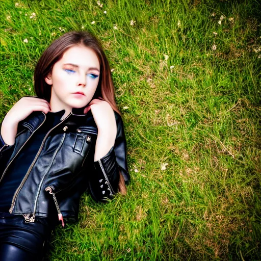 Image similar to young girl lies on a meadow, she wears leather jacket, jeans and black boots, intricate, sharp focus, photo taken by nikon, 4 k, studio lightning