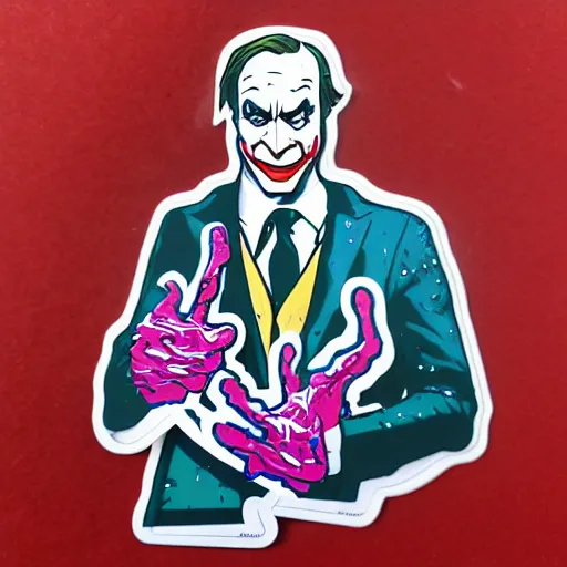 Image similar to die cut sticker, saul goodman wearing the joker suit, splatter paint