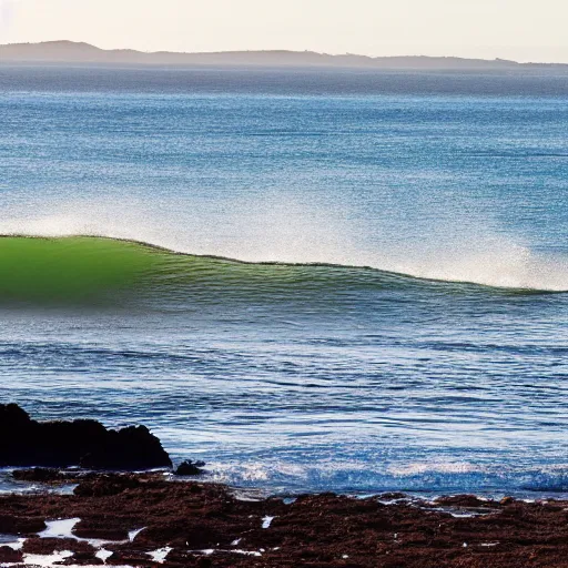 Image similar to perfect wave breaking in shallow clear water front view, hollister ranch, offshore winds, kelp, islands on horizon, late afternoon