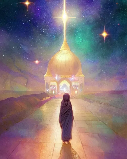 Image similar to bedouin child praying in galaxy walking towards mosque surrounded by nebula, highly detailed, gold filigree, romantic storybook fantasy, soft cinematic lighting, award, disney concept art watercolor illustration by mandy jurgens and alphonse mucha and alena aenami, pastel color palette, featured on artstation