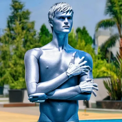 Image similar to a realistic detailed photo of a guy who is an attractive humanoid who is half robot and half humanoid, who is a male android, soccer player martin ødegaard, shiny skin, posing like a statue, blank stare, by the pool, on display, showing off his muscles, humanoid robot, frozen ice statue