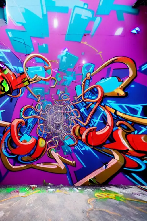 Image similar to epic graffiti mural, colorful and dynamic in the style of Hownosm and James Jean, ultimate collab, epic, unreal engine 5, coming to life popping out of the wall 3d,