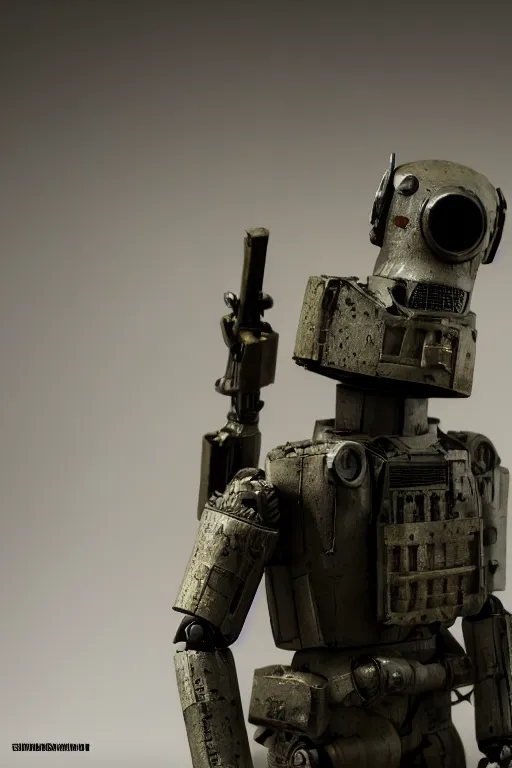 Image similar to a cinematic photo shot of a beautiful 1 : 6 scale threea toys figurine by ashley wood, world war one robot, intricate dark background, dramatic light