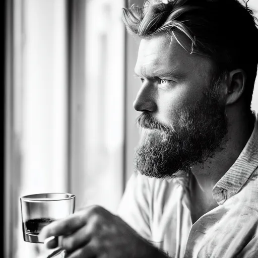 Prompt: Thor staring sadly at a glass of whiskey, Nikon 50mm camera, documentary lighting