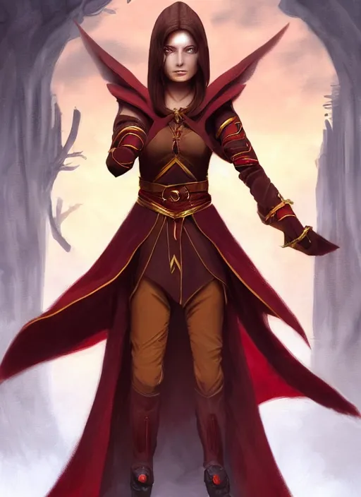 Prompt: beautiful teenager female half elf monk, full body black and red longcoat, fist training, detailed face, brown hair, short ponytail, golden eyes, brown skin, high fantasy, high detail, smooth, sharp focus, digital illustration, by michael komarck, mtg art