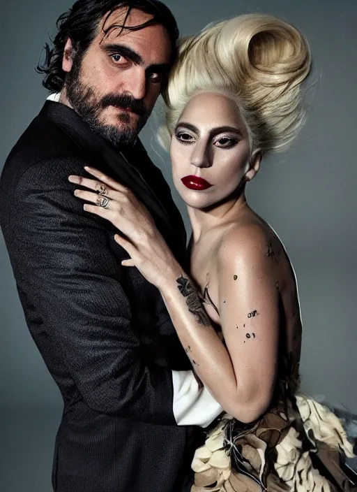 Prompt: lady gaga and joaquin phoenix styled by nick knight posing, full body shot, set pieces, intricate set, vogue magazine, canon, highly realistic. high resolution. highly detailed. dramatic. 8 k. 4 k.