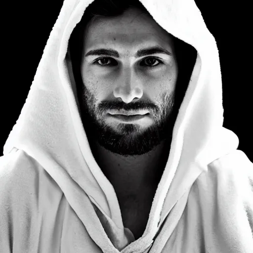 Image similar to professional close - up portrait photograph of a bohemian jewish prophet in his 2 0 s wearing a white hooded wizards robe. cinematic, epic framing, deep emotion. game if thrones character.