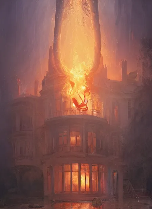 Image similar to giant tentacles destroying a glowing mansion in burning vapor dramatic lighting fantomatic head and faces floating catching fire, artstation, matte painting, bastien lecouffe - deharme, aykut aydogdu, allen williams, artem chebokha