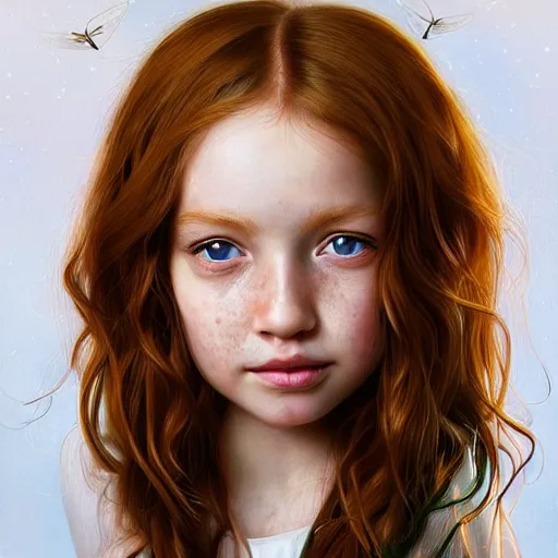 Image similar to a highly detailed, hyper realistic, red haired girl, with long hair, green eyes, hint of freckles, gentle face, cheeky smile, among golden fireflies, deep focus, elegant, digital painting, smooth, sharp focus, golden ratio, illustration, ultra realistic, 8 k, art by artgerm and caravaggio