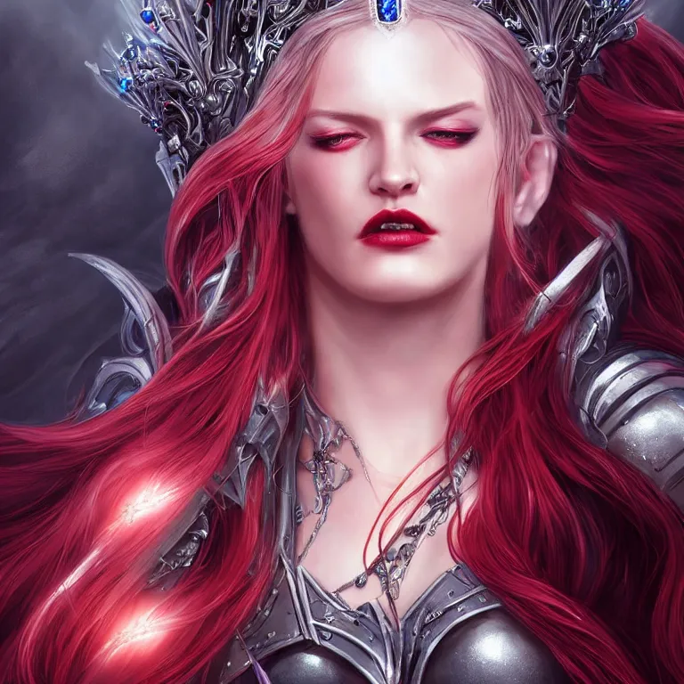 Image similar to beautiful cinematic fantasy poster, beautiful female cyborg vampire wearing a jeweled silver crown with brilliant silver flowing hair, beautiful red glowing eyes, wideshot ultrawide angle epic scale, hybrid from The Elden Ring and art direction by Darius Zawadzki ;by artgerm; wayne reynolds art station; cinematic quality character render; low angle; ultra high quality model; production quality cinema model;