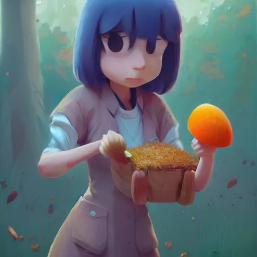 Image similar to goro fujita ilustration a cheerful girl collecting mushrooms in the forest, characterized by masamune shirow and greg rutkowski, character art, focus, highly detailed, artstation