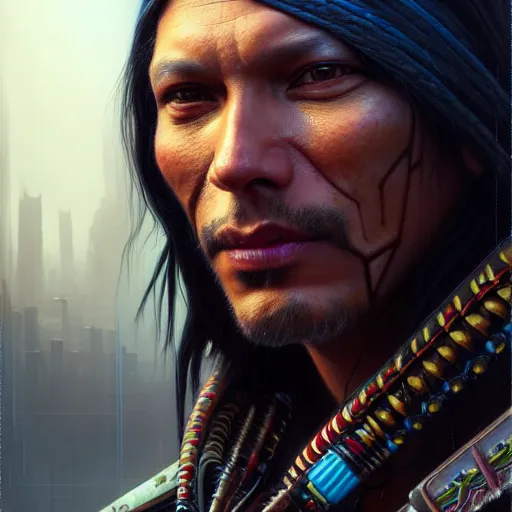 Image similar to portrait painting of a cyberpunk decker native american man, ultra realistic, concept art, intricate details, eerie, highly detailed, photorealistic, octane render, 8 k, unreal engine. art by artgerm and greg rutkowski and charlie bowater and magali villeneuve and alphonse mucha