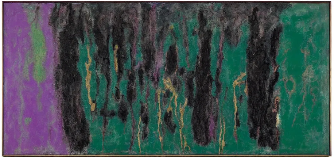 Prompt: abstract painting in black, dark green, purple, painted by Pat Steir, Julian Schnabel, Helen Frankenthaler, Pat Steir and Hilma af Klint, abstract painting. Brush marks 8k, pastose, dripping paint, extreme detail, intricate detail, masterpiece