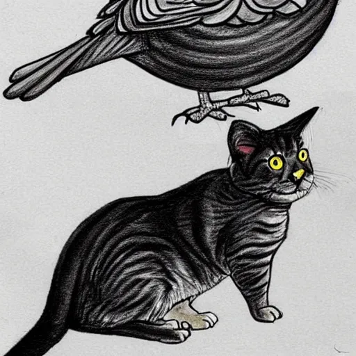 Image similar to cat drawing a pigeon, realistic, real life