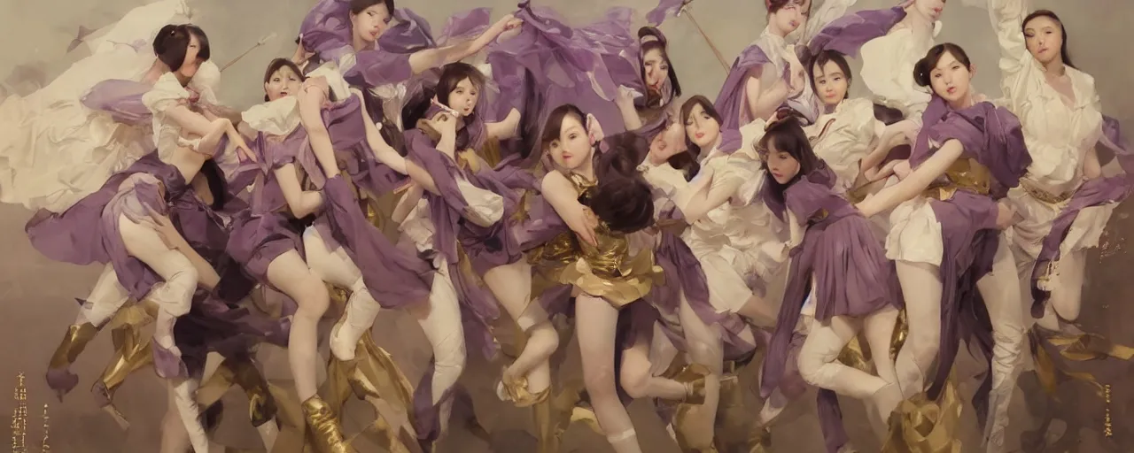 Prompt: Full View of Eunha and other girls from Viviz and gFriend wearing a purple military uniform and short puffy pants, white leggings, Golden Ribbon, and a billowy scarf. Rhythmic gymnastics poses. masterpiece 4k digital illustration by Ruan Jia and Mandy Jurgens and Artgerm and greg rutkowski, award winning, Artstation, art nouveau aesthetic, Alphonse Mucha background, intricate details, realistic, panoramic view, Hyperdetailed, 8k resolution, intricate art nouveau