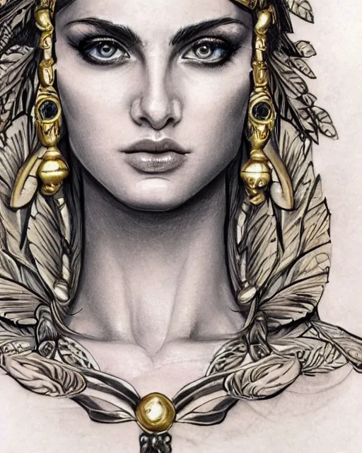 Image similar to tattoo sketch of blonde super model aphrodite greek goddess wearing a gold laurel wreath and triangle earrings, beautiful piercing gaze with sharp pupils, in the style of greg rutkowski, fantasy, amazing detail, epic, elegant, smooth, sharp focus, front view