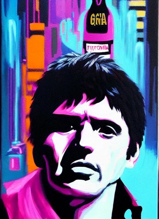 Image similar to ' acrylic painting of tony montana in a style of cyberpunk delivery club, in salvia divinorum, photorealistic glamour necro science'